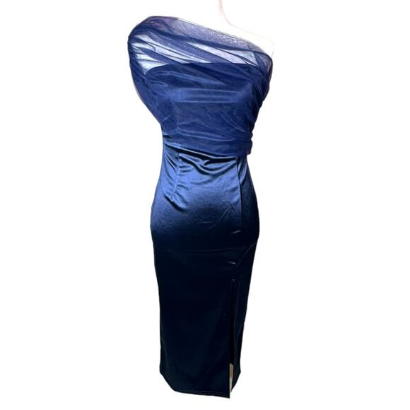 Womans Blue Mesh One Shoulder Sheer Split Thigh Knee Length Satin Dress Size S - Picture 2 of 10